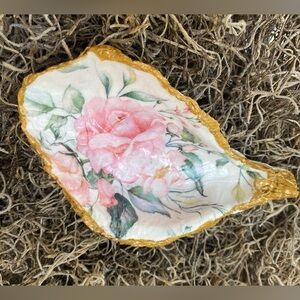 Handcrafted Decoupaged Pink Roses Large Oyster Shell Trinket With Gold Accents